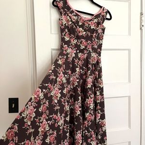 EUC Hell Bunny sundress, XS, brown with pink flowers, sleeveless